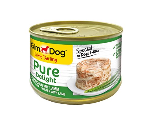 GimDog Pure Delight, pollo con cordero – Snack rico en proteínas en deliciosa gelatina – Especial para perros de hasta 10 kg – Sin azúcar añadido – 18 latas (18 x 85 g)