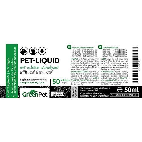 GreenPet Pet Liquid Desparasitación Anti Gusanos. Apto para perros, gatos y aves.