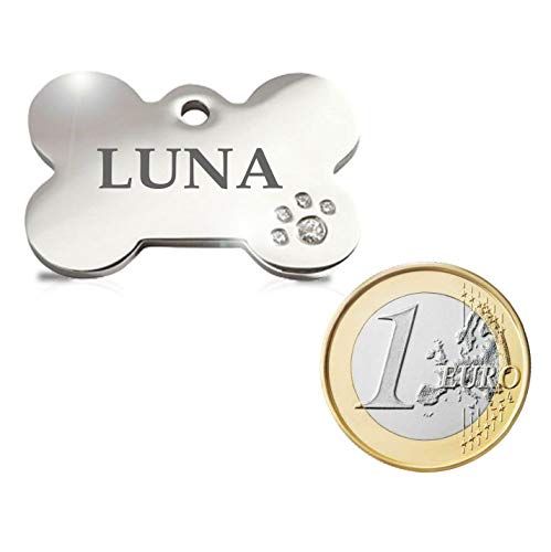 Hueso Acero Deluxe con brillantitos en Forma de Pata Placa Chapa Medalla de identificación Personalizada para Collar Perro Gato Mascota grabada