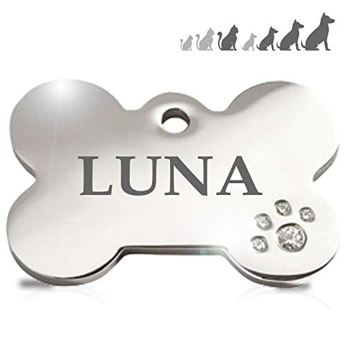 Hueso Acero Deluxe con brillantitos en Forma de Pata Placa Chapa Medalla de identificación Personalizada para Collar Perro Gato Mascota grabada