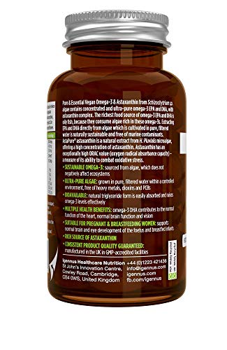 Igennus Healthcare Nutrition Omega-3 de Aceite de Algas Vegano (DHA + EPA 600 mg) y Astaxantina, 60 cápsulas 60 Unidad 54 g