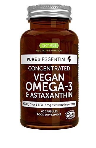 Igennus Healthcare Nutrition Omega-3 de Aceite de Algas Vegano (DHA + EPA 600 mg) y Astaxantina, 60 cápsulas 60 Unidad 54 g