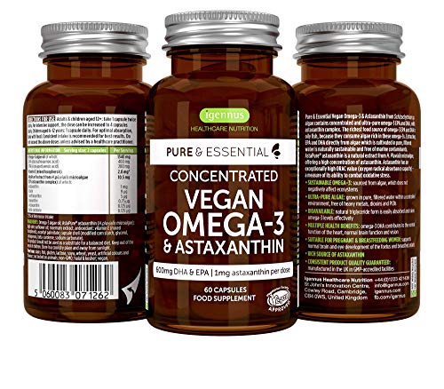 Igennus Healthcare Nutrition Omega-3 de Aceite de Algas Vegano (DHA + EPA 600 mg) y Astaxantina, 60 cápsulas 60 Unidad 54 g