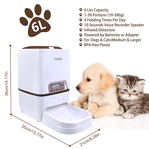 Iseebiz 6 litro Comedero Automatico para Perros Dispensador Automatico Comida Gatos con Recordatorio por Voz y Temporizador Programable 4 Comidas Diario