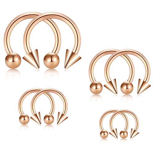 JFORYOU 16G Stainless Steel 8 Pcs Nose Septum Ring Spike and Ball Horseshoe Hoop Ear Rook Helix Tragus Earrings Jewellery Rose Gold Set