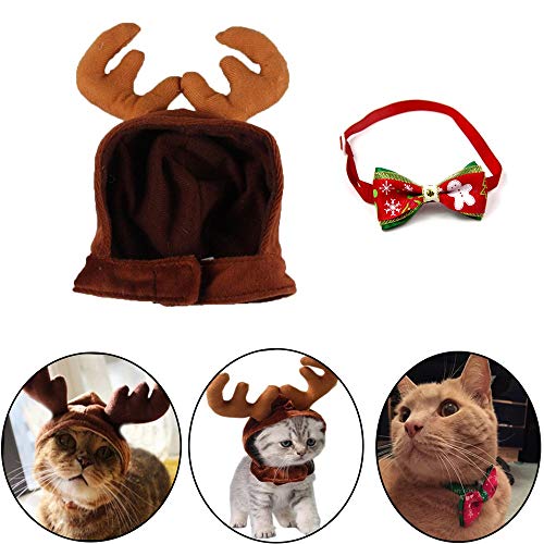 kungfu Mall 1 Pieza de Disfraz de Navidad para Mascota, Gato, Perro, Cuernos de Reno, Gorro de Cabeza, 1 Pieza Collar de Perro y Gato Ajustable con corbatín