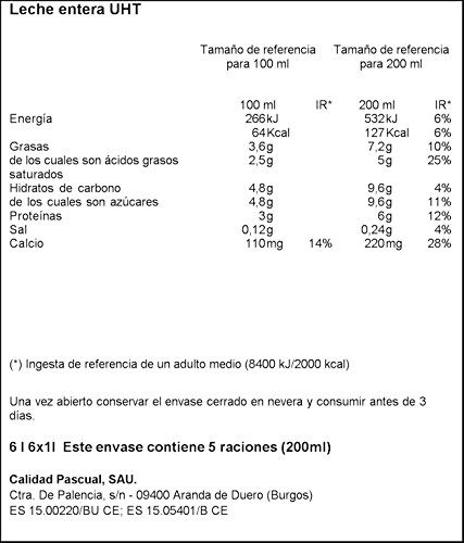 Leche Pascual Clásica Leche Entera - Pack de 6 x 1 l - Total: 6 l