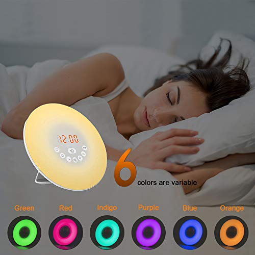 Luces-despertador, solawill Wake Up Light Simulación de Amanecer y Atardece Radio FM 6 Luces LED de Colores 6 Sonidos Naturales 10 Niveles de Brillo USB Recargable Táctil Despertador de Luz