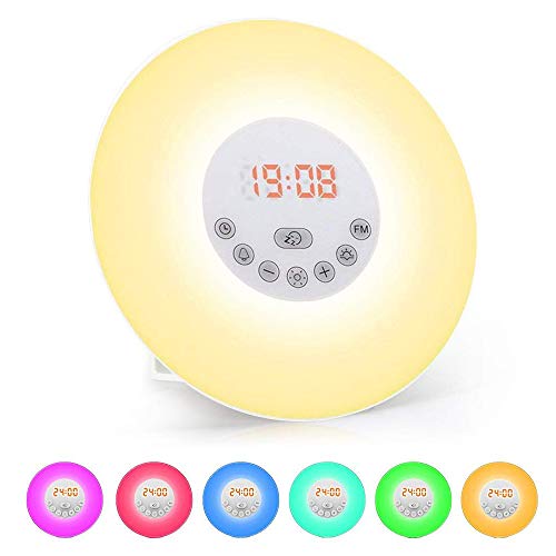 Luces-despertador, solawill Wake Up Light Simulación de Amanecer y Atardece Radio FM 6 Luces LED de Colores 6 Sonidos Naturales 10 Niveles de Brillo USB Recargable Táctil Despertador de Luz