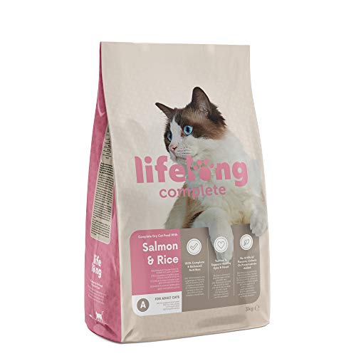 Marca Amazon - Lifelong Complete- Alimento seco completo para gatos adultos con salmón y arroz, 1 x 3 kg