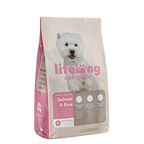 Marca Amazon - Lifelong Complete- Alimento seco completo para perros (razas pequeñas) con salmón y arroz, 3 x 3 kg