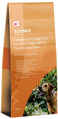 Marca Amazon - Solimo - Alimento seco completo para perro adulto rico en pavo con guisantes, 1 pack de 20 kg