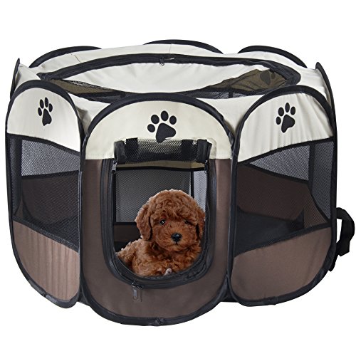 MiLuck Animal de compañía portátiles plegables Playpen, ejercicio de 8 paneles de la perrera de malla cubierta de la sombra interior / al aire libre tienda de cercas para perros gatos (S-Marrón)