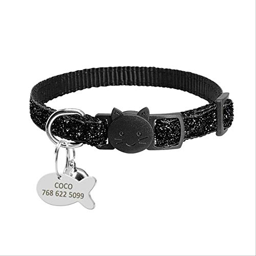 NONE Sin Marca Conjunto de Collar de Etiqueta Cat Puppy de Lanzamiento rápido Collar de Gatito de Nylon Personalizado magnífico con pequeña Mascota grabada en él 18 a 27 cm Negro