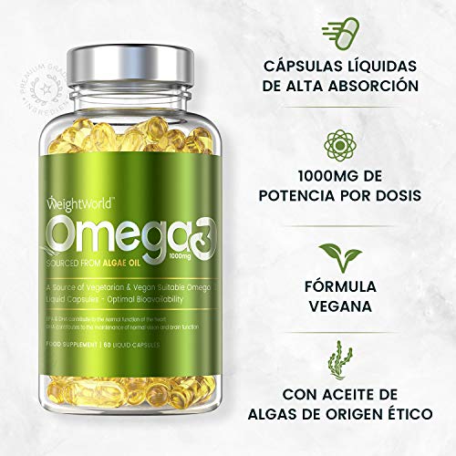 Omega 3 Vegano Aceite de Algas Marinas 1000 mg - 550mg de EPA y DHA, Suplemento Para Salud de Cerebro, Hígado y Corazón, Controla Colesterol, Mejora Presión Arterial, Con Vitamina E 60 Cápsulas