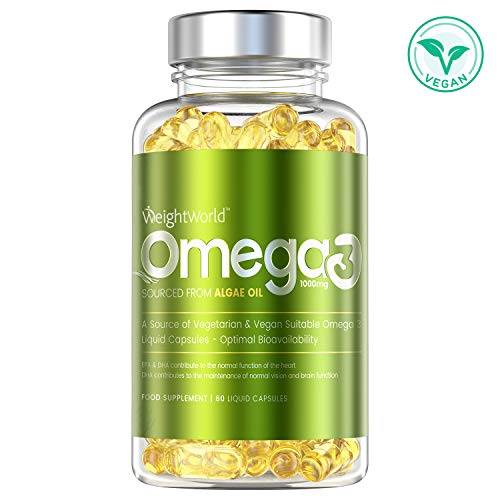 Omega 3 Vegano Aceite de Algas Marinas 1000 mg - 550mg de EPA y DHA, Suplemento Para Salud de Cerebro, Hígado y Corazón, Controla Colesterol, Mejora Presión Arterial, Con Vitamina E 60 Cápsulas