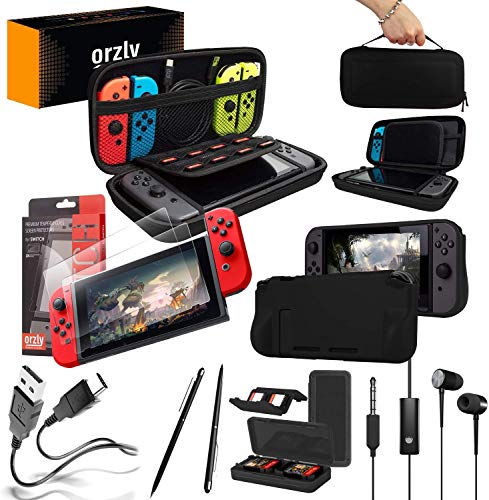 Orzly Pack Esencial de Accesorios para Nintendo Switch [Incluye: Protectores de Pantalla, Cable USB, Funda para Consola, Estuche Tarjetas de Juego, Funda Comfort Grip, Auriculares] – Negro