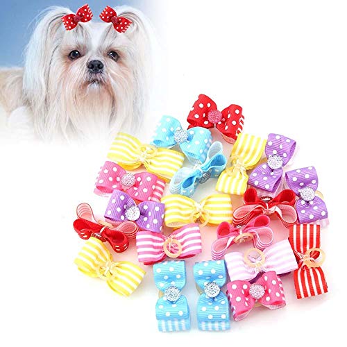 Pasamer 20pcs Pet Puppy Polka Dot Hair Bows Hair Rope Cat Dog Teddy Maltese Hair Band Headwear Accesorios de Aseo Rojo Amarillo Púrpura Rosa Azul