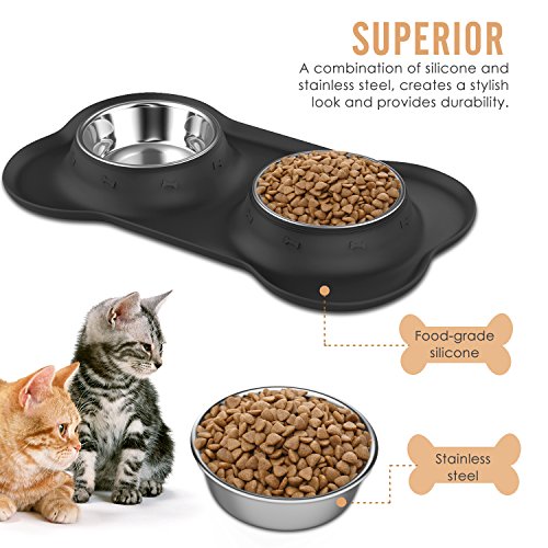 Pawaboo Cuencos para Perro & Gato - Premium Acero Inoxidable Alimentador de Mascota con Base de Goma / 5.51" Diámetro Comedero para Comida o Agua/Juego de 2 & Talla Chico, Negro