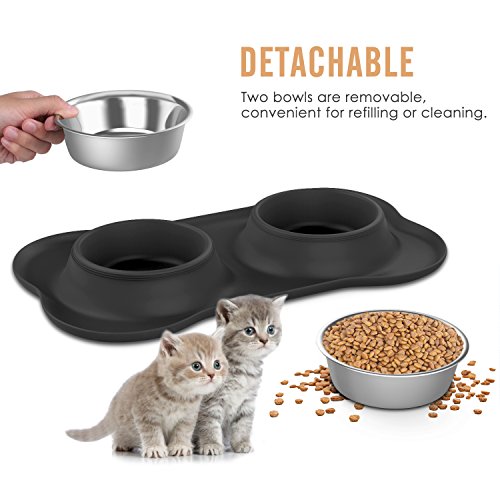 Pawaboo Cuencos para Perro & Gato - Premium Acero Inoxidable Alimentador de Mascota con Base de Goma / 5.51" Diámetro Comedero para Comida o Agua/Juego de 2 & Talla Chico, Negro