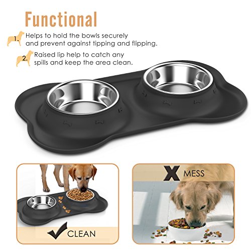 Pawaboo Cuencos para Perro & Gato - Premium Acero Inoxidable Alimentador de Mascota con Base de Goma / 5.51" Diámetro Comedero para Comida o Agua/Juego de 2 & Talla Chico, Negro