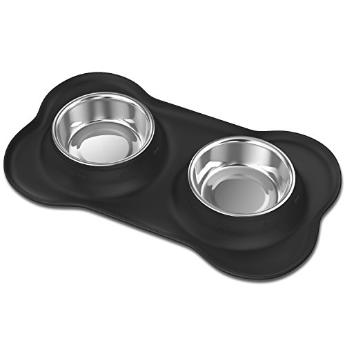 Pawaboo Cuencos para Perro & Gato - Premium Acero Inoxidable Alimentador de Mascota con Base de Goma / 5.51" Diámetro Comedero para Comida o Agua/Juego de 2 & Talla Chico, Negro