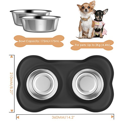 Pawaboo Cuencos para Perro & Gato - Premium Acero Inoxidable Alimentador de Mascota con Base de Goma / 5.51" Diámetro Comedero para Comida o Agua/Juego de 2 & Talla Chico, Negro