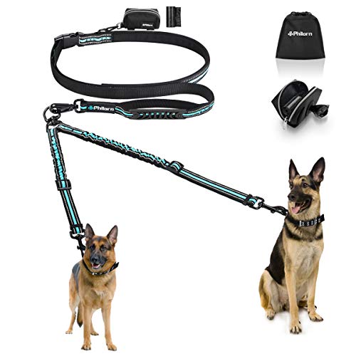 PHILORN Correa Doble para Perros Manos Libres (66-84") - Reflectante, Desmontable - Plomo Doble para Perros que Absorbe los Impactos (110lbs), Separador de Correa Doble sin Enredos, con 2 Asas y Bolsa