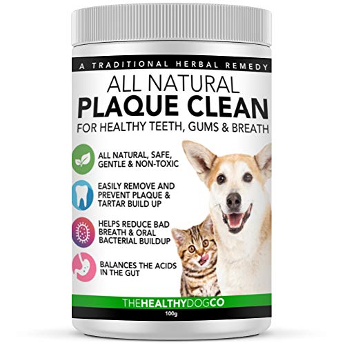 Polvo Para Eliminación de Sarro y Placa Para Perros, Cachorros y Gatos | 100% Natural para Animales | Plaque Clean | 100g | Limpia y Cuida Dientes Blancos y Encías | Ayuda Contra el Mal Aliento