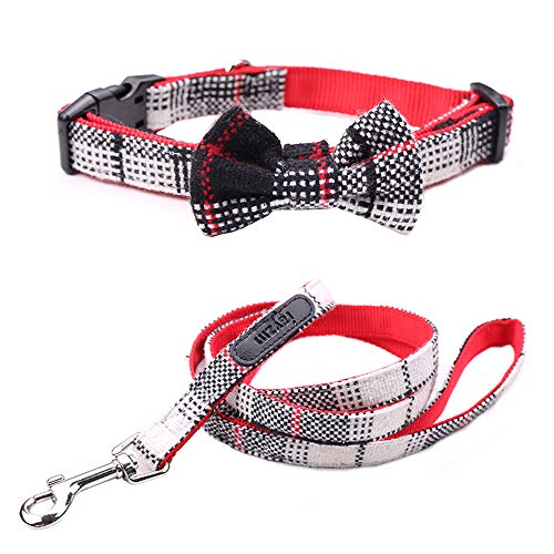 Rayzm Set de Collar de Perro y Correa con Pajarita para Perros Pequeños de Menos de 15kg, Collar de Perro Ajustable, 115 * 2cm Correa de Tacto Suave con Enganche de Meta (M)