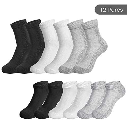 Rovtop 12 Pares de Calcetines para Hombre y Mujer - 6 Pares Calcetines Deportivos Medias Bajas y 6 Pares de Calcetines de Tubo Medio Transpirable (Blanco/Negro/Gris)