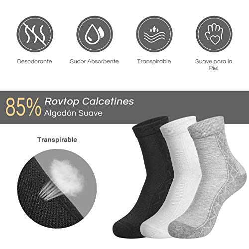 Rovtop 12 Pares de Calcetines para Hombre y Mujer - 6 Pares Calcetines Deportivos Medias Bajas y 6 Pares de Calcetines de Tubo Medio Transpirable (Blanco/Negro/Gris)