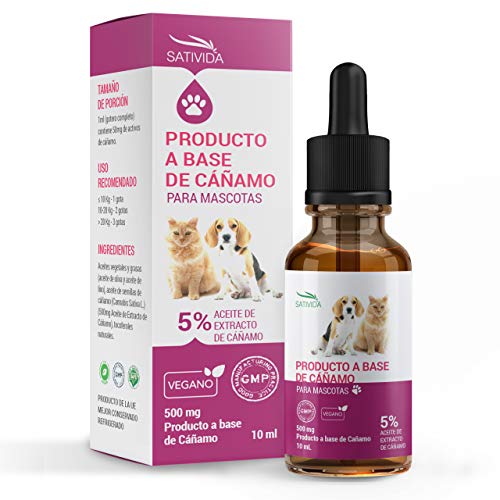 Sativida Hemp Oil Pets - Aceite de Cáñamo para Mascotas 5% | 500mg Perros y Gatos Ideal para Ansiedad, Dolor, Estrés, Sueño, Articulaciones, Piel, Músculos | 10ml.