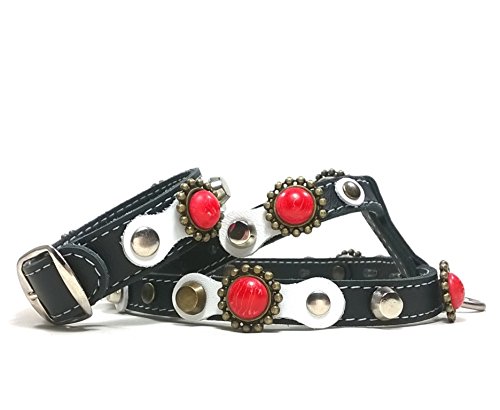 Set Arnés para Perro con Pulsera a Juego, Cuero Negro, Correa Opcional, Piedras Color Coral Rojo Brillante, Piel Blanco y Tachuelas, Pequeño, Chihuahua y Cachorro, S: Cuello 18-22 cm, Pecho 32-37 cm