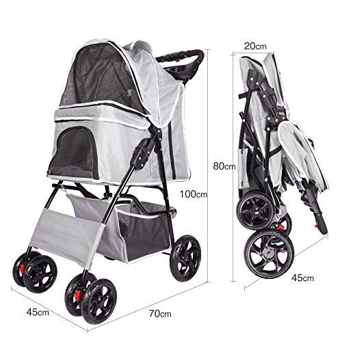 Sfeomi Carrito para Mascotas Plegable 100 x 45 x 70cm Cochecito para Perros Carrito de 4 Ruedas para Perros con Capcacidad de 15kg Carro de Viaje para Mascotas (Gris)