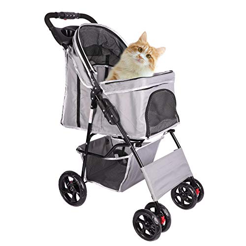 Sfeomi Carrito para Mascotas Plegable 100 x 45 x 70cm Cochecito para Perros Carrito de 4 Ruedas para Perros con Capcacidad de 15kg Carro de Viaje para Mascotas (Gris)