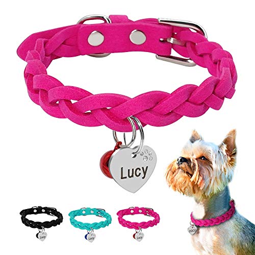 Sonwaohand Ante Cuero Personalizado Perro Gato Collar Gratis Grabado Cachorro Gatito Campana Collares Trenzados Cuello Cinturón con Corazón Grabado ID Etiqueta XS Negro