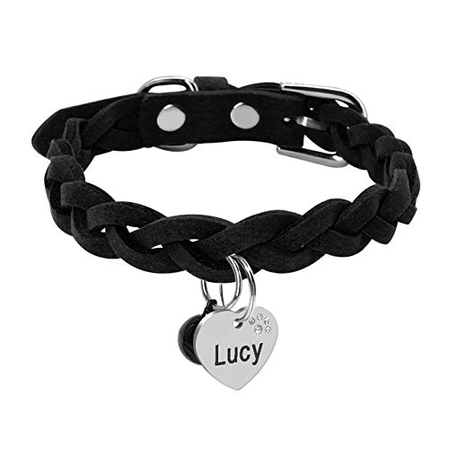 Sonwaohand Ante Cuero Personalizado Perro Gato Collar Gratis Grabado Cachorro Gatito Campana Collares Trenzados Cuello Cinturón con Corazón Grabado ID Etiqueta XS Negro