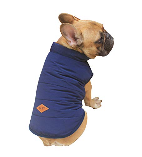 Tineer con Capucha Linda Chaqueta de la Capa del Animal doméstico del Perro de Perrito Ropa de Invierno Bulldog francés con Capucha Caliente Juego del Chaleco (S, Azul)