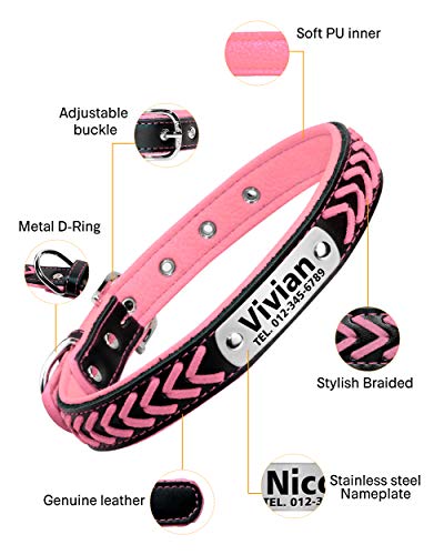 Vcalabashor Nombre Vcalabashor personalizado collar de perro de piel / cuero trenzado genuino plateado collares de perro 23.5-30cm Rosa / Negro