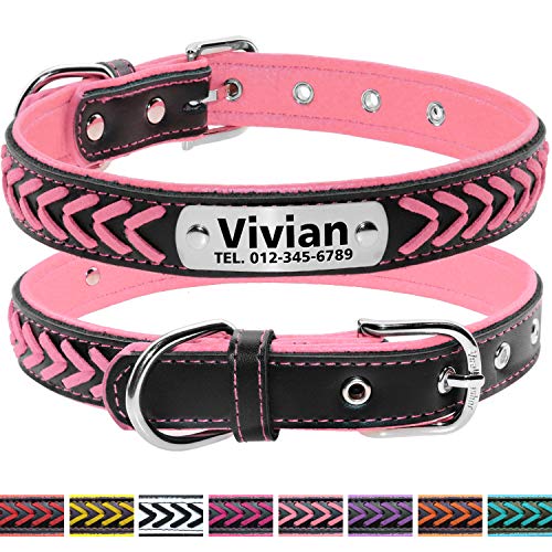 Vcalabashor Nombre Vcalabashor personalizado collar de perro de piel / cuero trenzado genuino plateado collares de perro 23.5-30cm Rosa / Negro