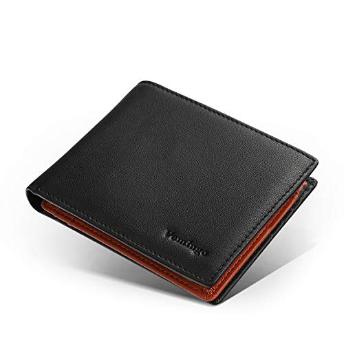 Vemingo Carteras de Hombre Cuero Genuino de Vaca con Bolsillo de Moneda/Monedero con RFID Bloqueo para Tarjetas de Crédito Portamonedas Ligeros para Hombre/Adolescente (Xb-063 Negro Naranja)