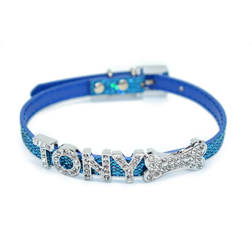 XIAOLANGTIAN Bling Mascota Personalizada PU Collares De Cuero para Perros Pequeños Nombre Gratis Personalizado Gato Perro Cachorro Nombre De Mascota Collar De Diamante, Azul, XXS