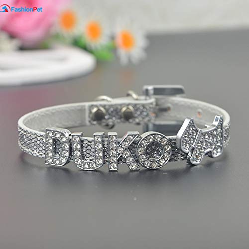 XIAOLANGTIAN Collar Personalizado con Nombre De Perro De Mascota De Bling 10 Mm Rhinestone Personalizado Nombre Gratis Cachorro De Perro De Gato Collar Y Correa De Correa, Collar Plateado, S