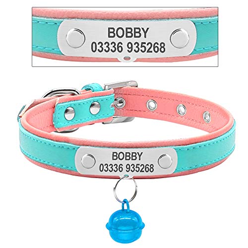 XIAOLANGTIAN Collar Personalizado De Perrito De Cuero para Perro Custome Gato Grabado Nombre De La Mascota Cuellos Pequeños Y Medianos Collar De Mascotas con Campana Gratis XS SM, Azul, XS