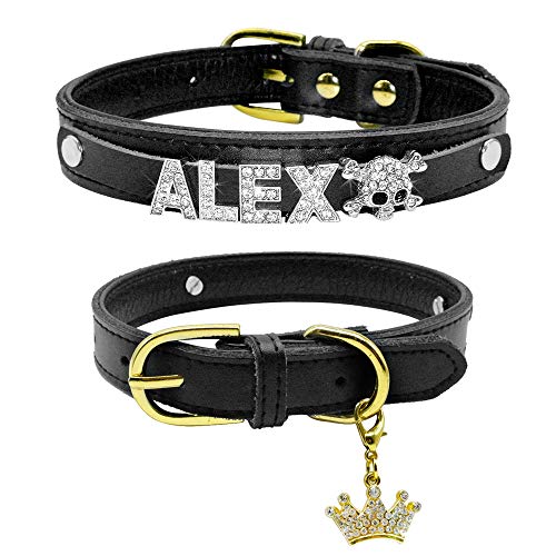 XIAOLANGTIAN Cuello Personalizado De Cuero Acolchado Personalizado Cachorros De Gato Mascota con Corona Colgante Rhinestone Nombre Y Encanto Gratis, Negro, M