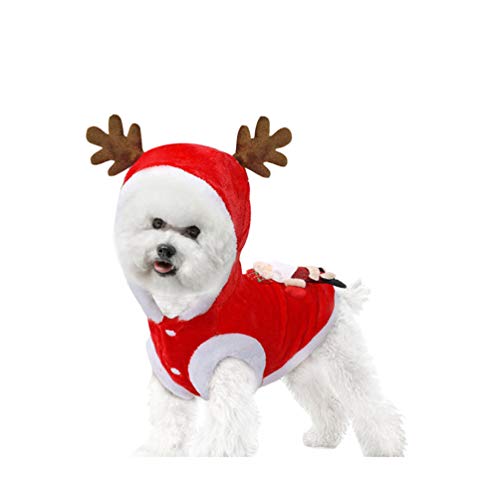 Amosfun Ropa de Alces de Perro de Navidad Mantener Caliente Franela Alces Cachorro Abrigo con Capucha Ropa de Perro Fiesta de Navidad Disfraz-s