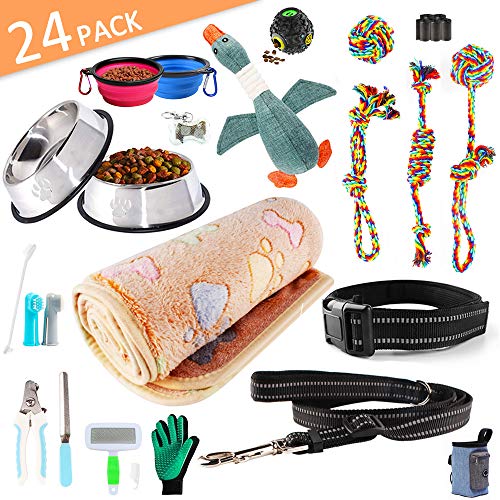 AONESY 24pcs Puppy Starter Kit, Set de Regalo de Suministros para Perros para Perros, Incluye: Juguetes para Perros/Herramienta de Aseo para Perros/Suministros de alimentación para Perros