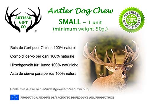 ARTISAN GIFT CO Mordedor Ecológico para Perros de Asta de Ciervo 100% Natural – Talla S (1 und.) +50gr.