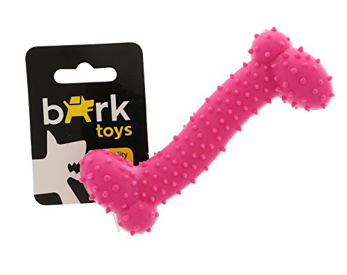 BARK - Hueso curvo de goma para perros. Con pinchos suaves para dentición, cuidado de dientes y encias. Para morder, masticación, control de la ansiedad. Tira y coge. Para cachorros y perros jovenes o adultos mayores. - FUCSIA